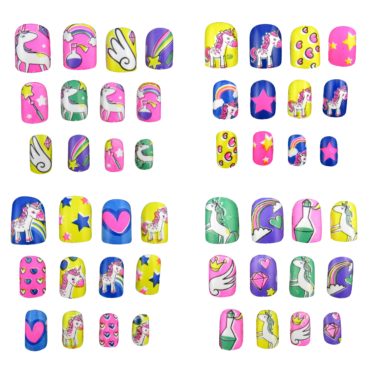 JPACO 4 PACK Unicorn False Nails with Glue (48 Pieces Total) – Fake, Press On, Manicure Decal Wraps Nails for Little Girls, Christmas Gifts